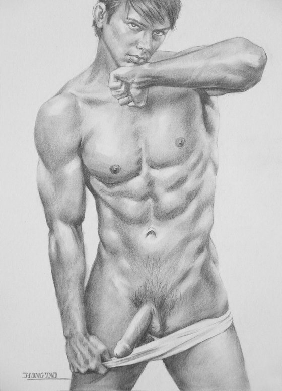 original art drawing charcoal male nude man on paper #16-4-7