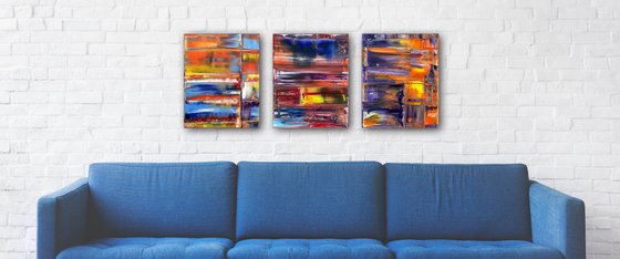 "Intermediary" - FREE USA SHIPPING - Original PMS Abstract Triptych Oil Paintings On Canvas - 48" x 20"