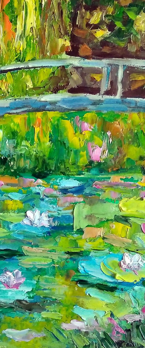 Monet Pond Painting Impressionism Original Art Water Lily Artwork Landscape Impasto Floral Wall Art by Yulia Berseneva