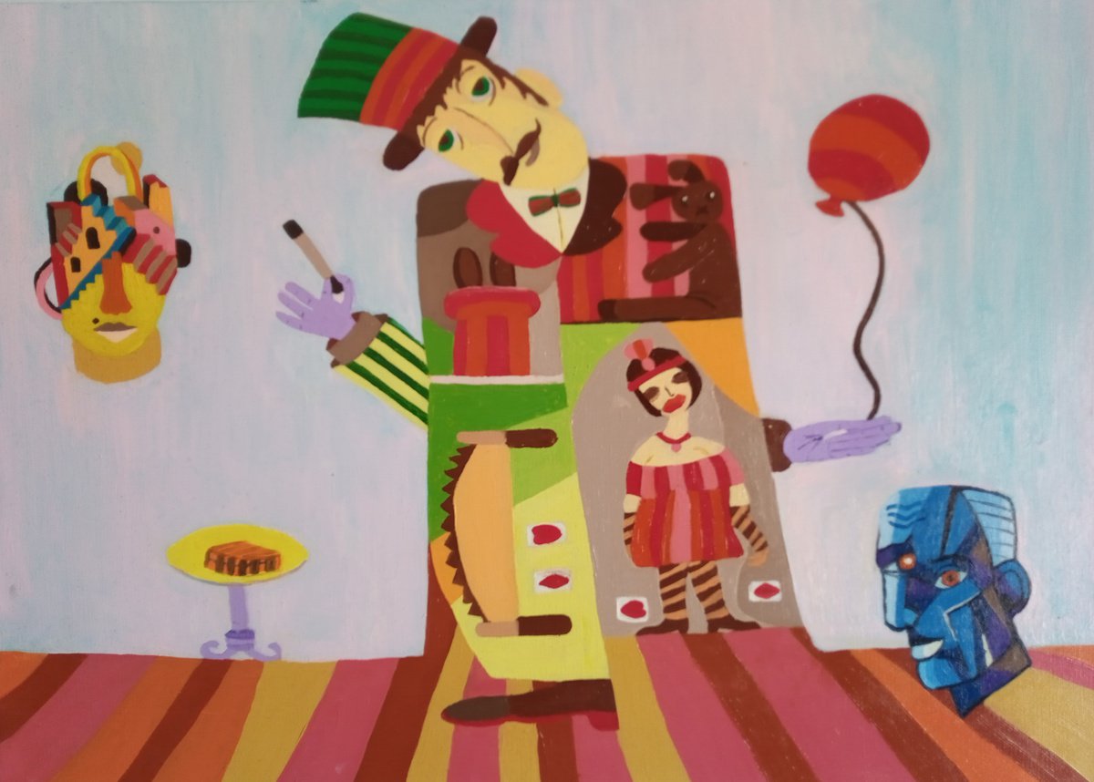 Naive Portrait Oil Painting By Corinne Hamer, 23 X 17, The Ilusionist, Original Artwork