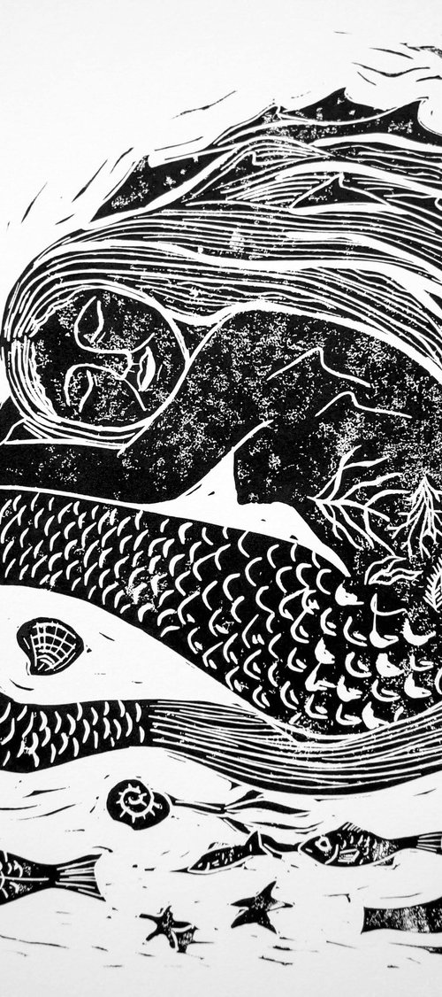 Sleeping Siren Linocut Print by Victoria Lucy Williams
