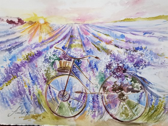 Provence drawing on paper, Bicycle painting