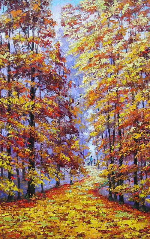 STROLL IN THE AUTUMN FOREST - 90x60 cm. (Impressionistic palette knife oil painting nature landscape fall autumn forest woods path) by Yaroslav Sobol