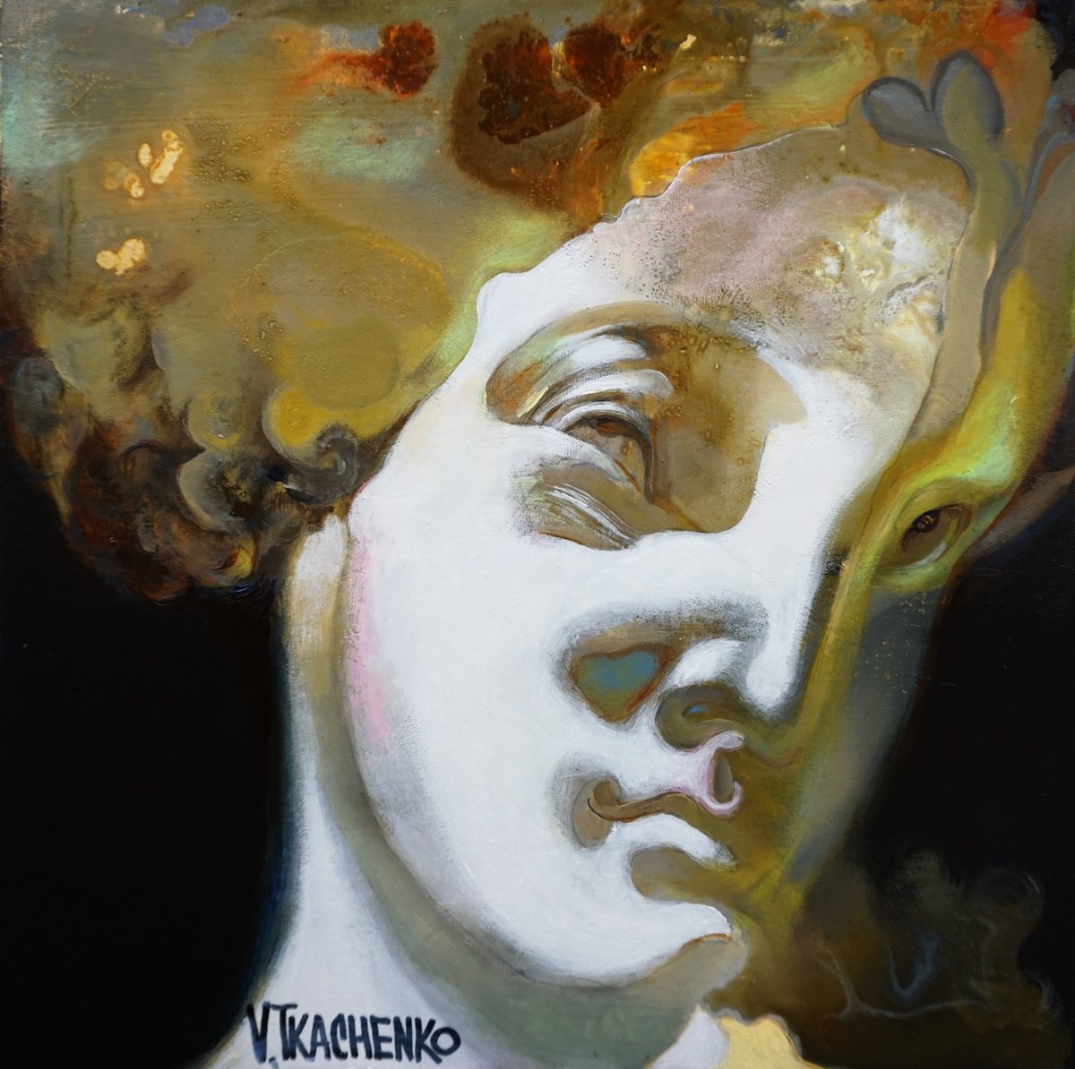 Organic Portrait Acrylic Painting By Victor Tkachenko, 12 X 12", Stupid Cupid, Original Artwork