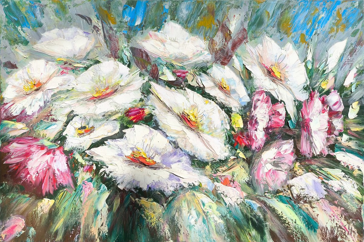 Impressionistic Botanical Oil Painting By Anush Emiryan, 35 X 24, Dancing Petals, Original Artwork