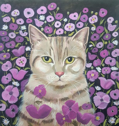 Kitty with poppies by Mary Stubberfield