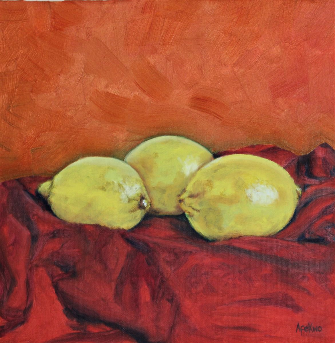 Lemons on red cloth still life by Afekwo