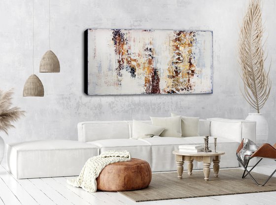 DESERT SUN * 63" x 31.5" * ABSTRACT TEXTURED ARTWORK ON CANVAS * WHITE * GOLD