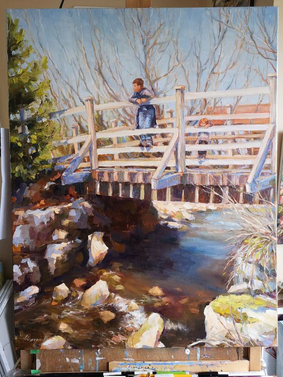 Spring bridge, original one of a kind oil on canvas impressionistic painting from "Childhood series"(22x28'')
