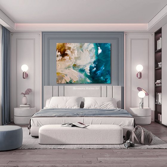 HEAVENLY WAVES - Abstraction. White peony. Macro flowers. Great art. Blue shades. 3d flower. Macro peony. Wall art with flowers.