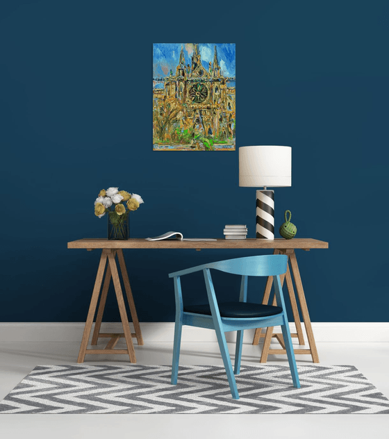 NOTRE DAME, VIEW FROM THE LATIN QUARTER - PARIS Cityscape, landscape, original oil painting, blue beige