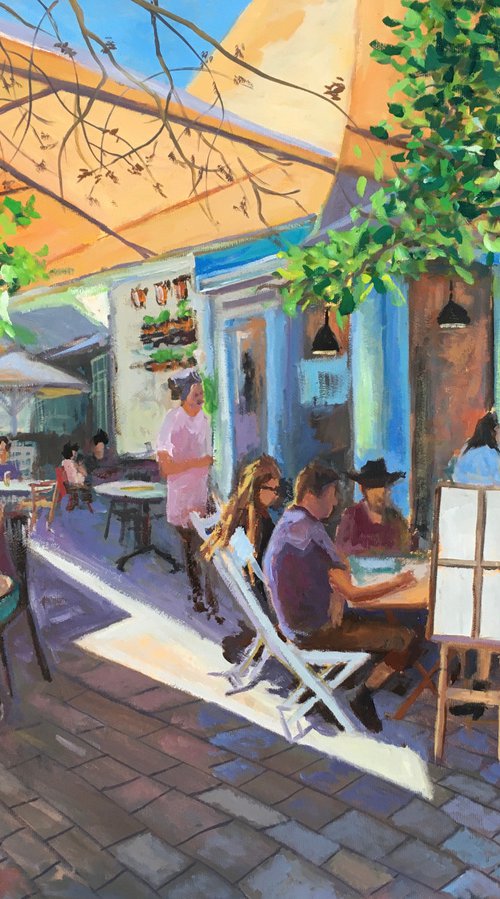 Cafe, people eating, cityscape oil painting by Leo Khomich