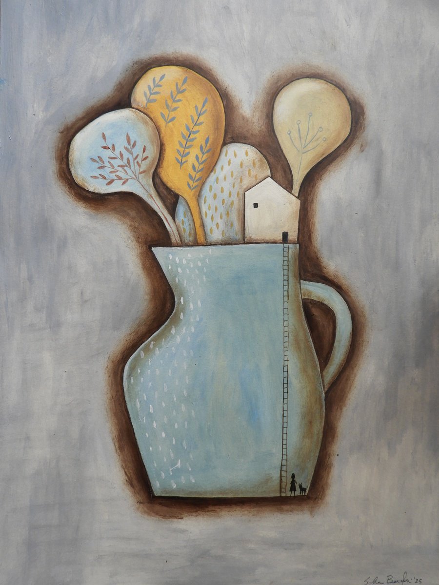 Illustrative Botanical Oil Painting By Silvia Beneforti, 12 X 17", A World Inside A Plant Vase, Original Artwork