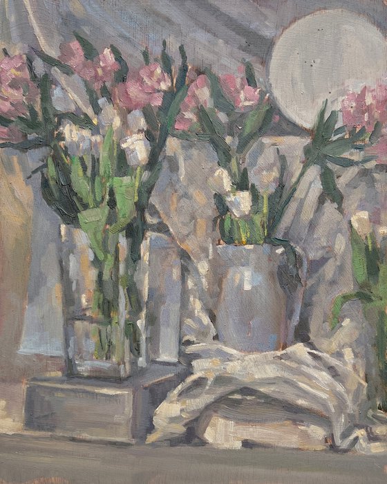 Tulips and white cloth still life