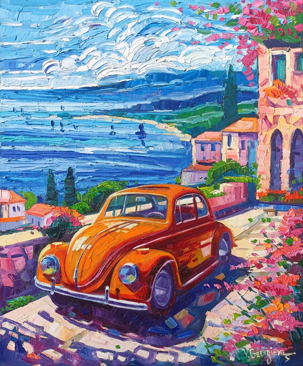 Expressive Transport Oil Painting By Vanya Georgieva, 20 X 24", Summer With My Maggiolino, Original Artwork