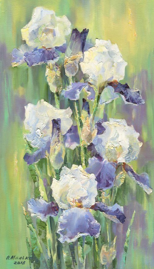 Blue irises (oil on paper) / ORIGINAL painting ~12x20in (30x50cm) by Olha Malko