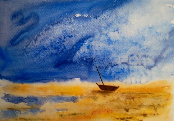 Ocean Painting Nautical Original Art Sailboat Watercolor Seascape Home Wall Art 14 by 10" by Halyna Kirichenko