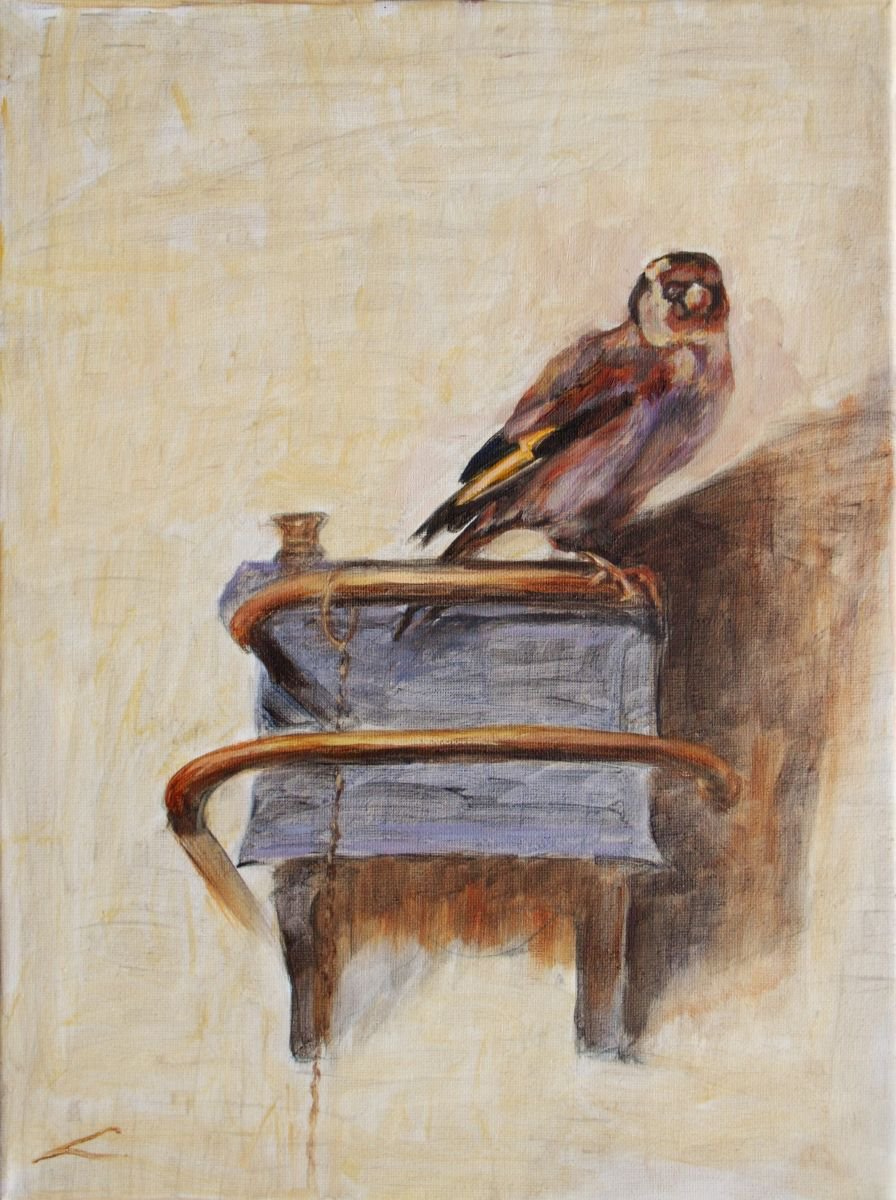 Impressionistic Animal Oil Painting By Elena Sokolova, 12 X 16, The Goldfinch, Original Artwork