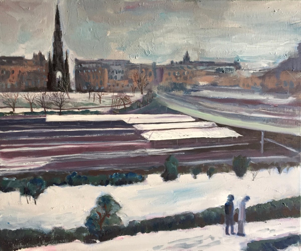 Impressionistic Cityscapes Oil Painting By Stephen Howard Harrison, 25 X 21", The Waverley, Snow, Edinburgh, Original Artwork