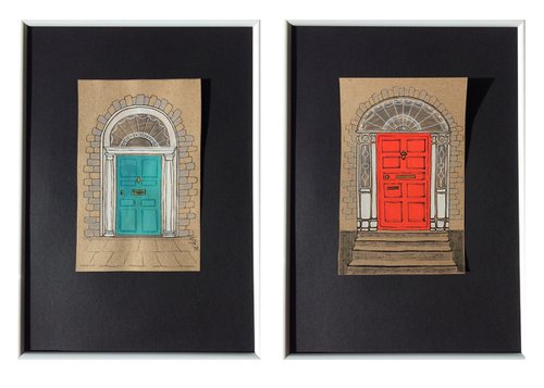Turquoise and red doors - Set of 2 architecture mixed media drawing by Olga Ivanova