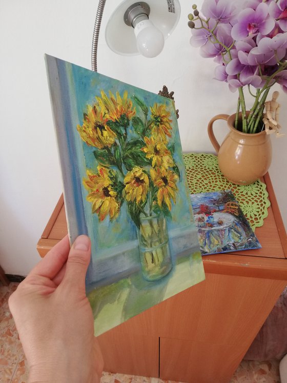 "Sunflowers in the Window" Original Oil Painting 10x12" (24x30cm)
