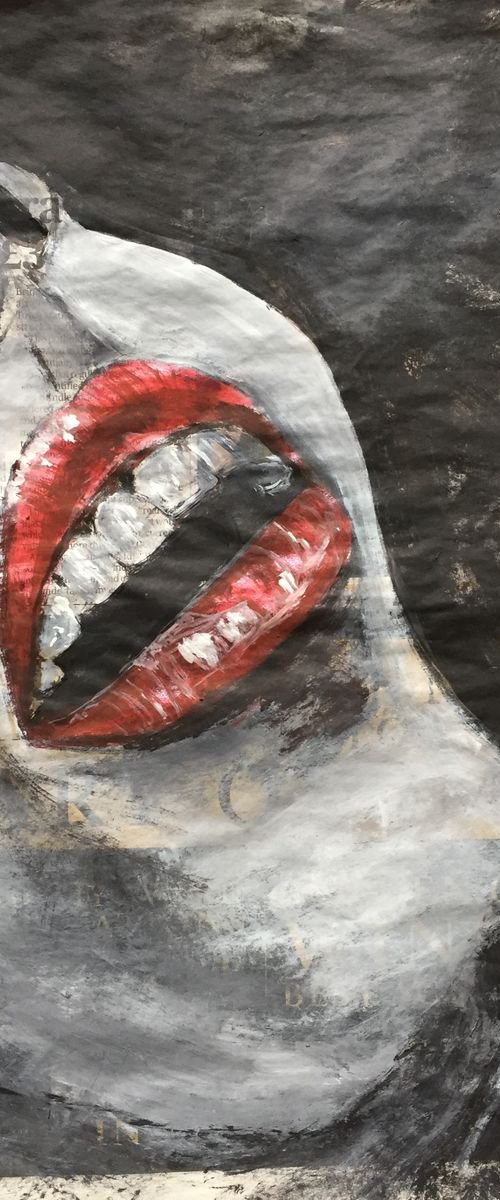Lips Study I Red Lips Mouth Open Woman Face Portrait Original Artwork Realistic Lips Black and White Art For Sale Buy Art Now Free Delivery 36x27cm Newspaper Painting by Kumi Muttu