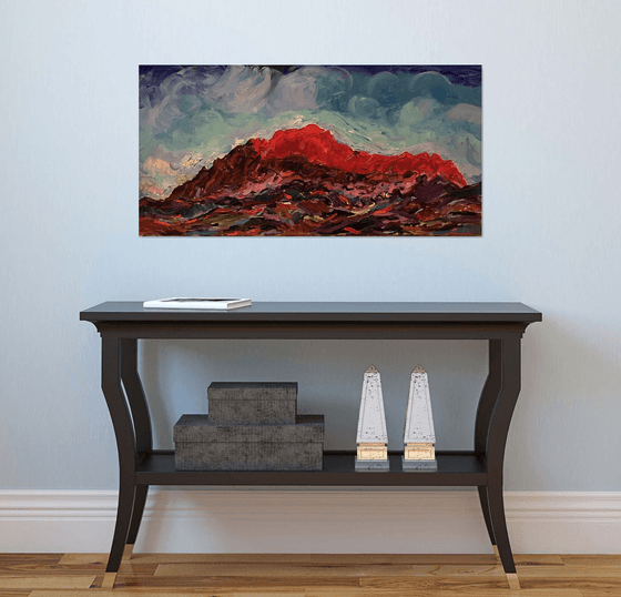 MOUNTAINS - Landscape - Oil Painting - Red Mountainscape 50x100cm