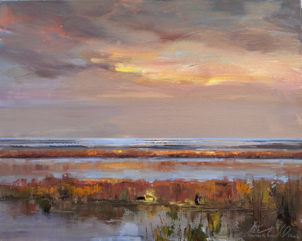 Abstract Landscape Oil Painting By Olha Laptieva, 20 X 16", Lilac Evening, Original Artwork