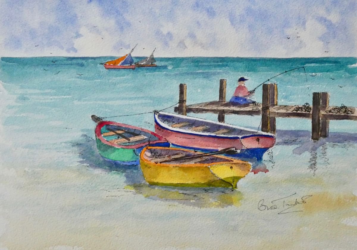 Three Boats and a Fisherman by Brian Tucker