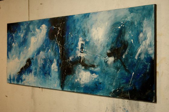 "Back In Blue". X Large panoramic abstract 200 x 70 cm. Diptych.