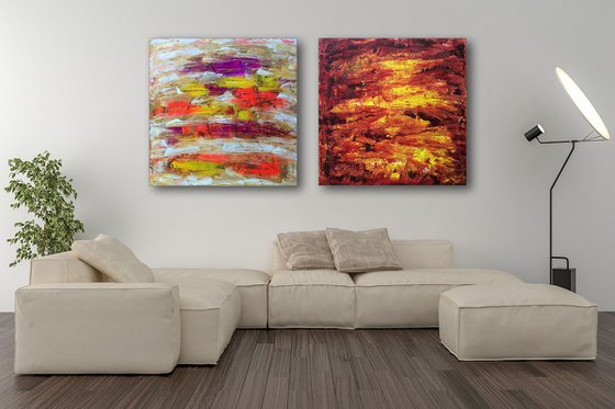 "Emotionally Charged" - Save As Series - Original Large PMS Abstract Diptych Acrylic Paintings On Canvas - 60" x 30"