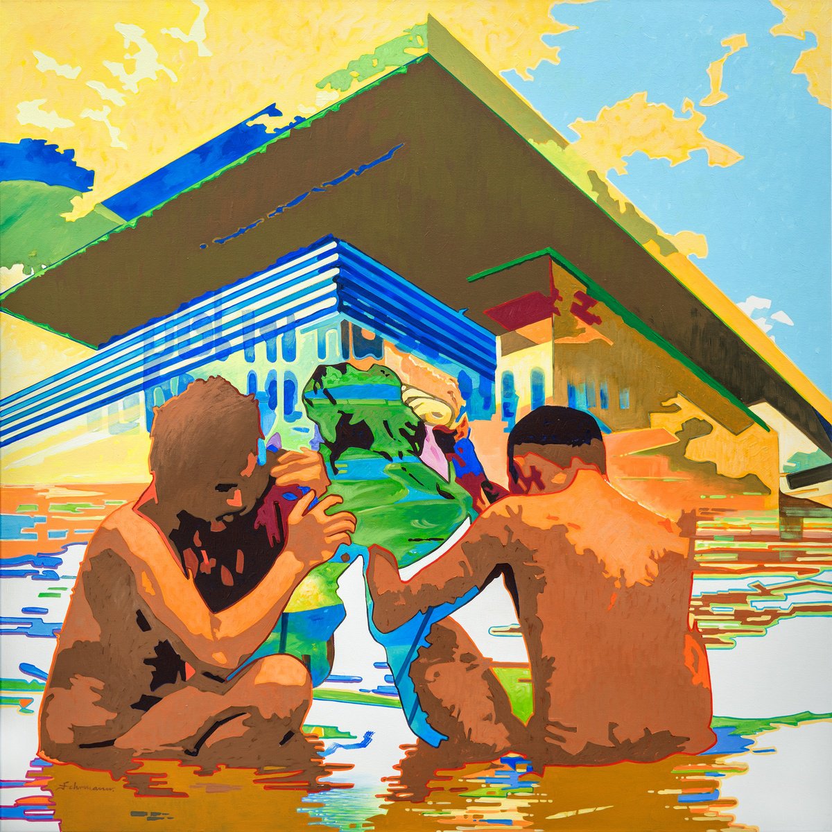 Expressive Portrait Acrylic Painting By Uwe Fehrmann, 39 X 39", New Land, Original Artwork