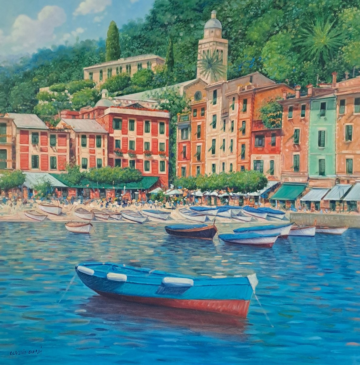 Impressionistic Cityscapes Oil Painting By Claudio Ciardi, 39 X 39, Portofino, Original Artwork