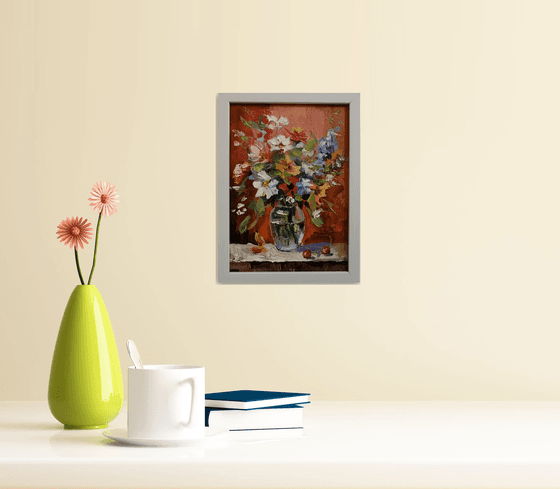 Bouquet, White flowers on red