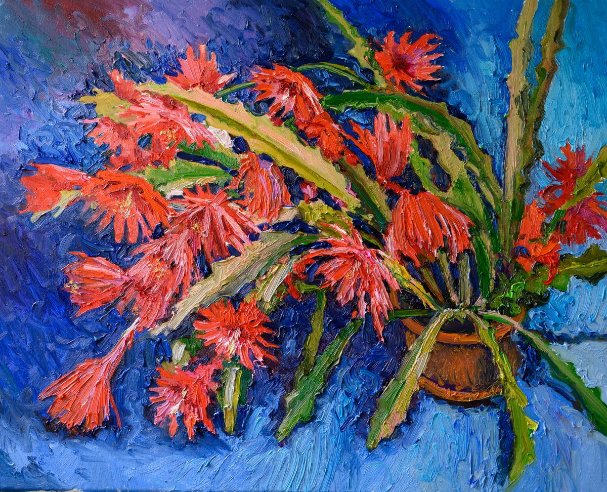 Expressive Botanical Oil Painting By Suren Nersisyan, 30 X 24", Blooming Orchid Cactus, Original Artwork