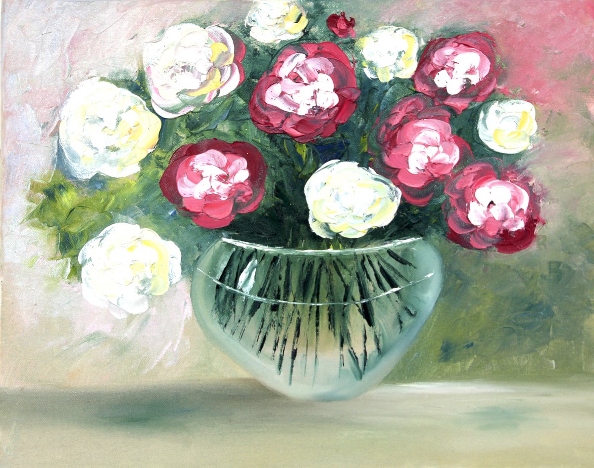 Pink and red flowers in a vase by Olya Shevel