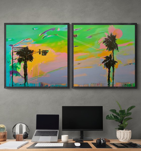 Big XXL artwork - "Green light" - Pop Art - Palm - Diptych - Street Art - Expressionism - Sunset