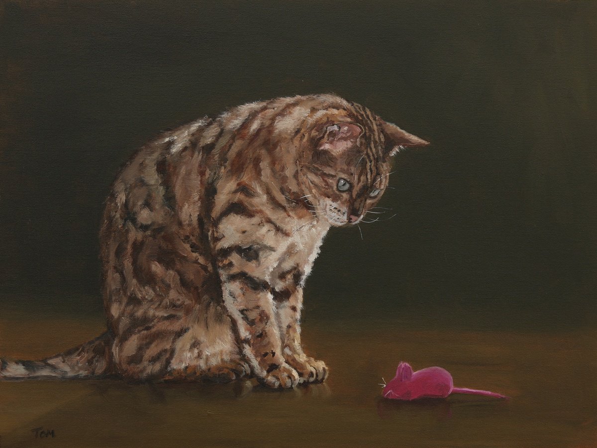 Animal Oil Painting By Tom Clay, 16 X 12", Bengal Cat With Toy Mouse, Original Artwork
