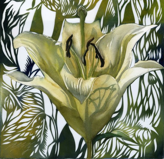 spring green tulip watercolor with paper cut