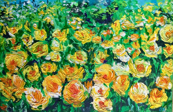 FIELD OF YELLOW, ORANGE, WHITE  ROSES  palette knife modern decor MEADOW OF FlOWERS, LANDSCAPE,  office home decor gift