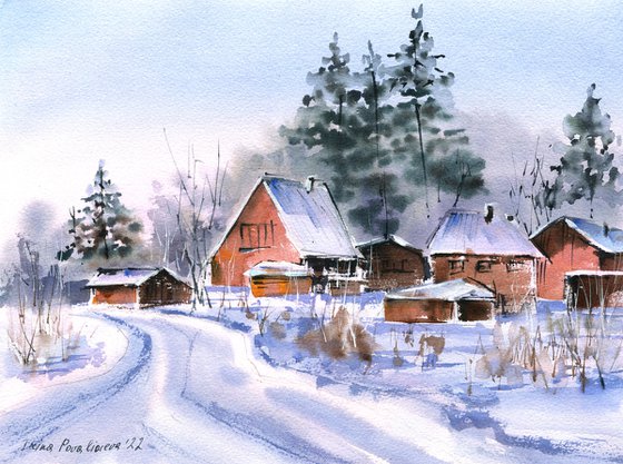 Winter in the country original watercolor painting with snow and sunset , medium format artwork on paper