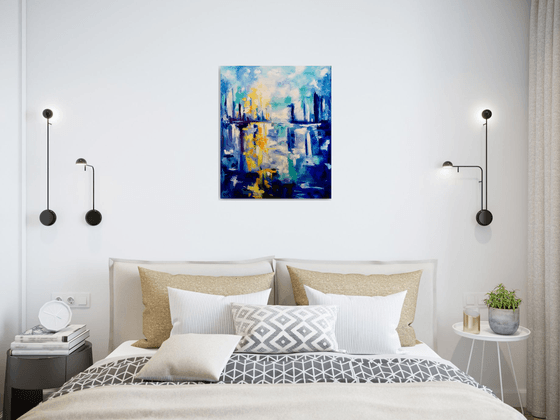 Abstract Blue Dream city, variations of blue colours: ultramarine, navy blue, turquoise, sky blue, cobalt, palette knife original artwork.