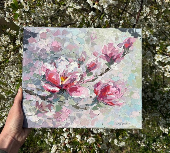 "Magnolia" palette knife oil painting