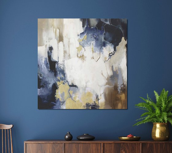 "Blue Flood" Abstract navy blue white art