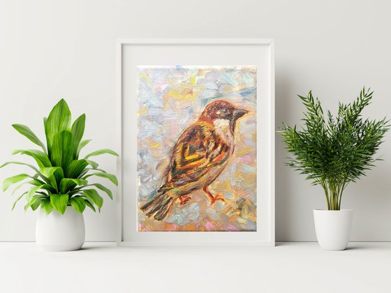 "Sparrow Portrait" | Bird Painting Original Canvas Hand-painted Oil Miniature