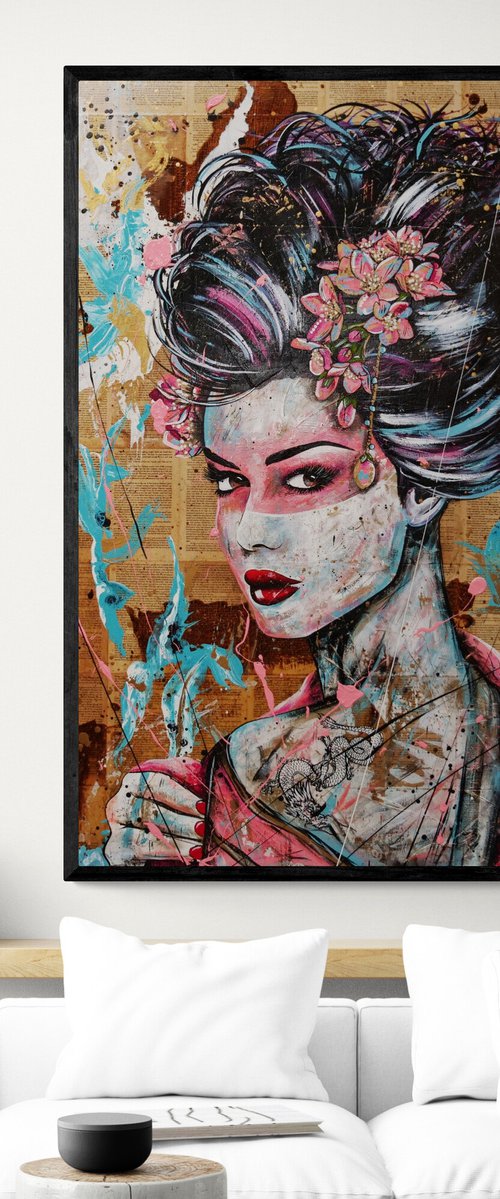 Pinku 140cm x 100cm Geisha Abstract Realism Art by Franko