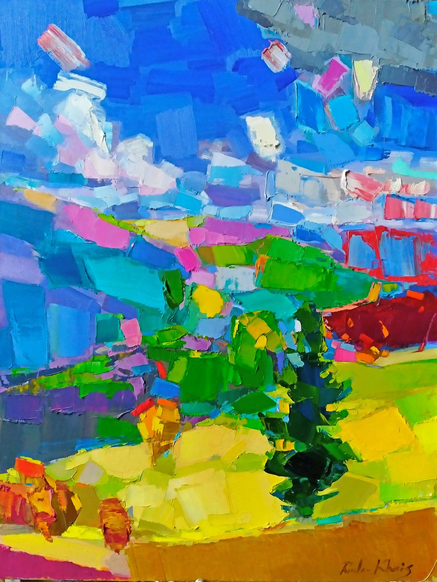 Expressive Landscape Oil Painting By Ruslan Khais, 24 X 30", Alpine Motive. Blue Sky., Original Artwork