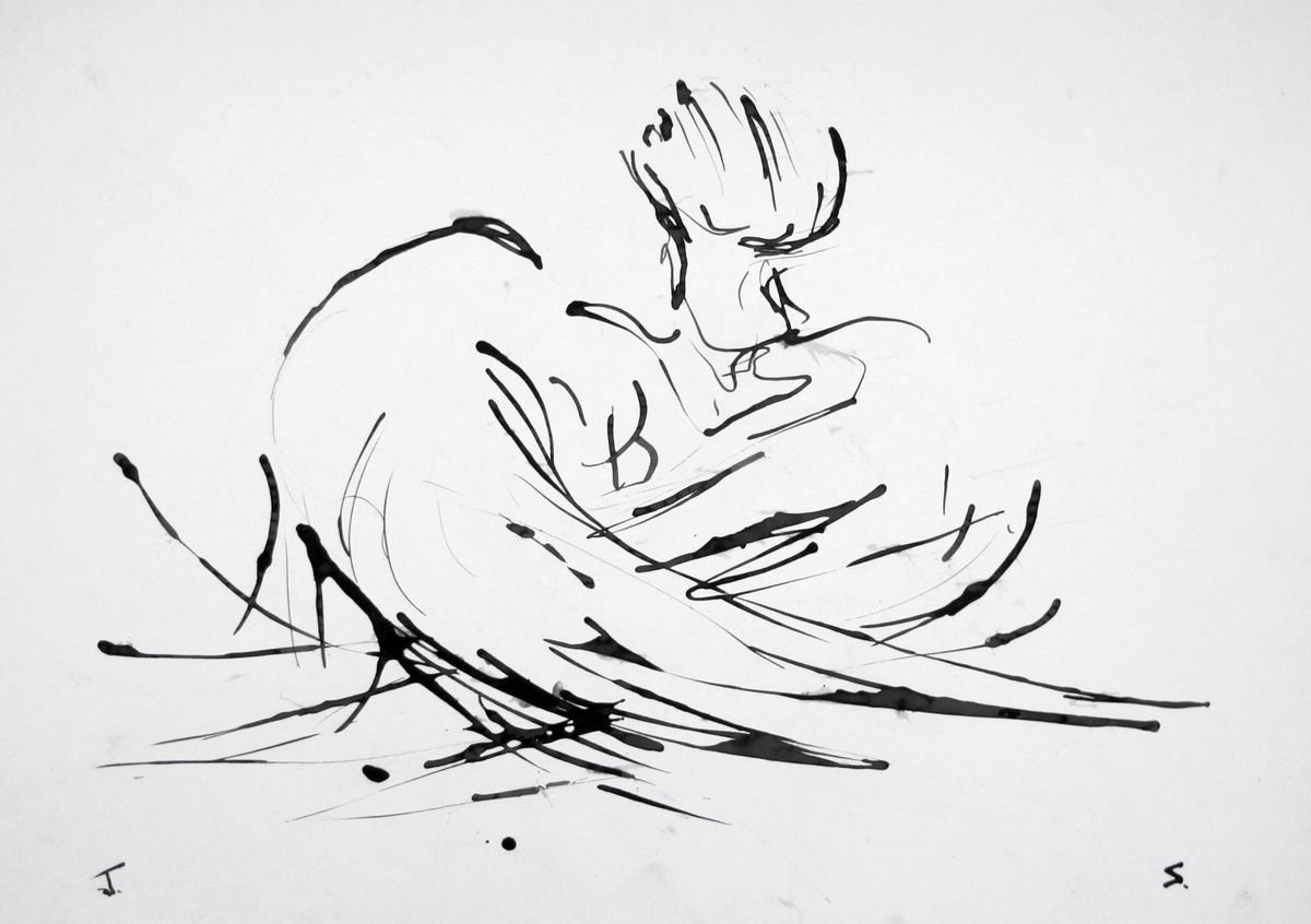 Expressive Portrait Ink Drawing By John Sharp, 22 X 16, Bound Angel2, Original Artwork