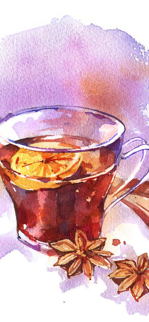 Still life "Cup of mulled wine with spices" original watercolor painting postcard by Ksenia Selianko