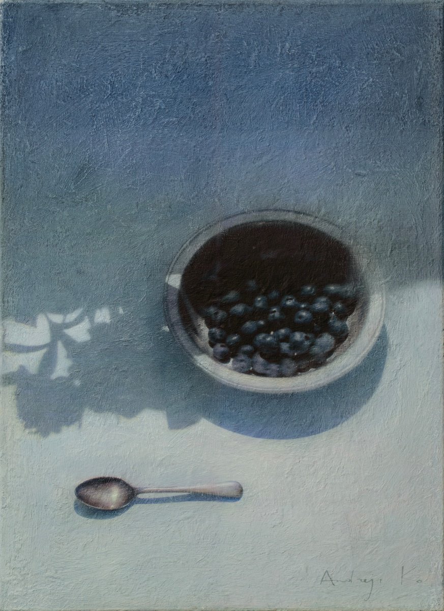 Photorealistic Still Life Acrylic Painting By Andrejs Ko, 16 X 22, Sunlit Blueberry Morning, Original Artwork